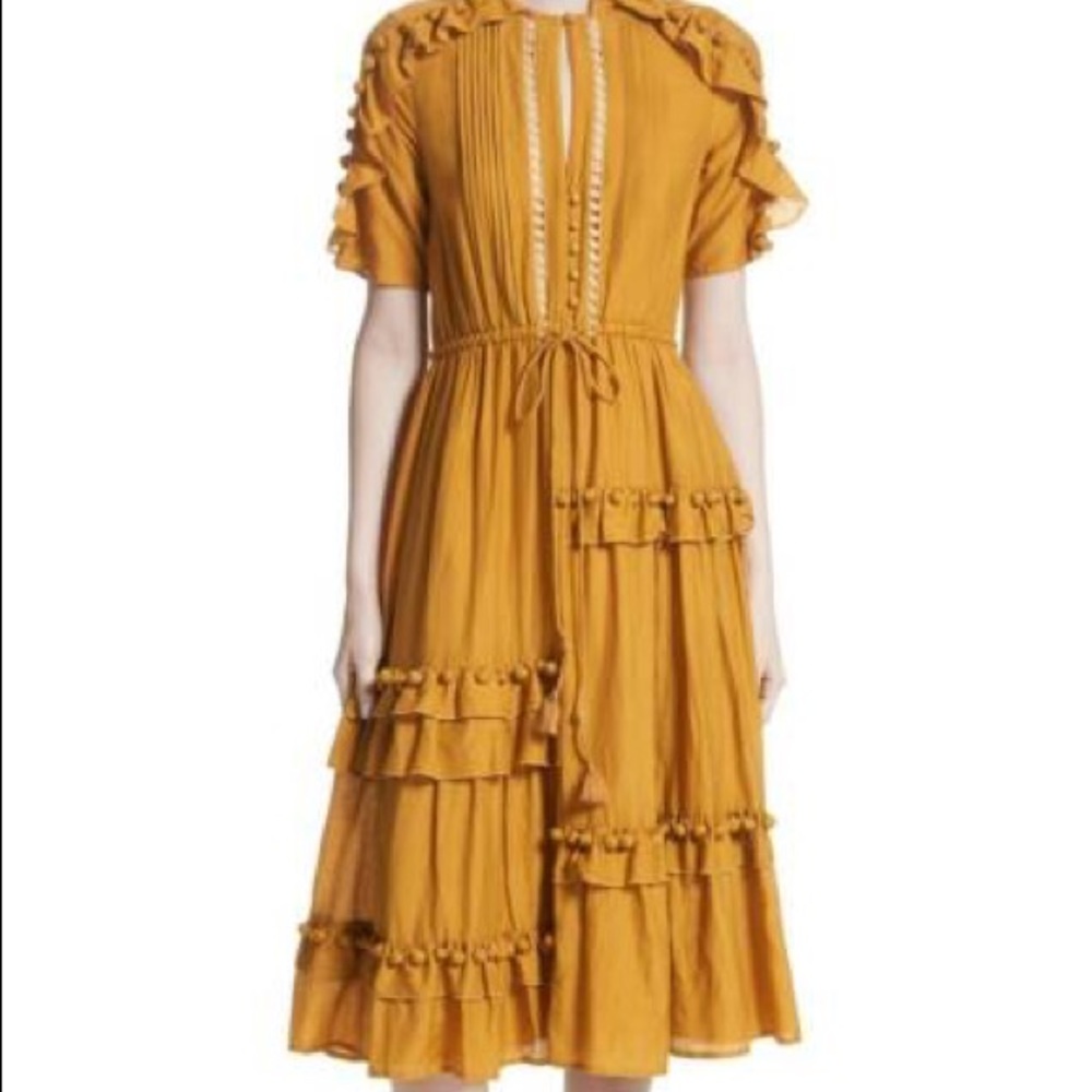 NEW SEA NY Yellow Staircase Pom-Pom Midi Dress
